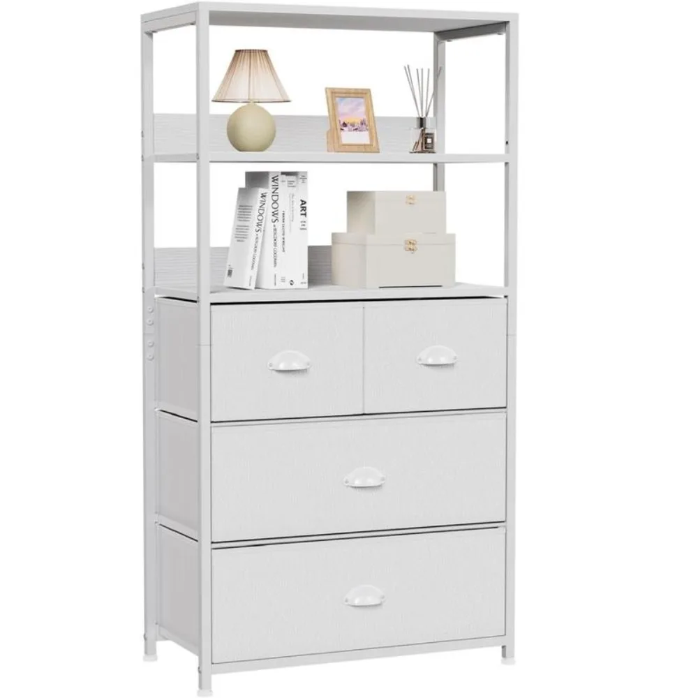 

Dresser with 4 Fabric Bins, Tall Storage Tower with 3-Tier Shelf Ve for Closet,Bedroom,Living Room,Entryway (White)Freight Free