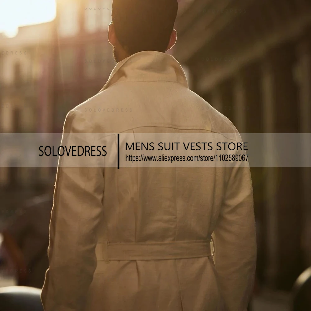 Setelan Linen Baru 2 Potong dengan Sabuk Setelan Garis Musim Panas Pria Setelan Pengiring Pria Kancing Sebaris untuk Pernikahan (Blazer + Celana)