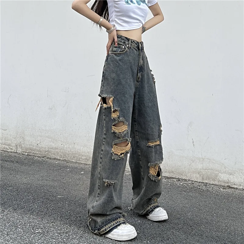 Ripped jeans for women personality street trend old washed high waist jeans retro hip hop couple casual pants Harajuku y2k pants