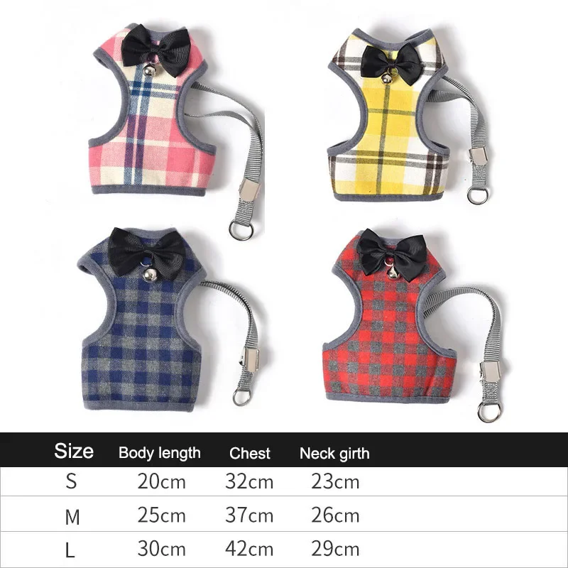 Plaid Dog Harness and Leash Set Pet Cat Vest Harness With Bowknot Mesh Padded For Small Dogs Chihuahua Yorkies French Pitbull