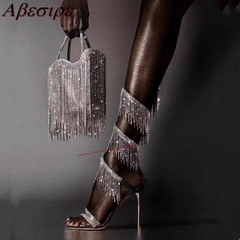 

Rhinestone Tassel Winding High Heels Female Open Toe Stiletto Latin Dance Shoes Fashion Nightclub Banquet Dress Ladies Sandals