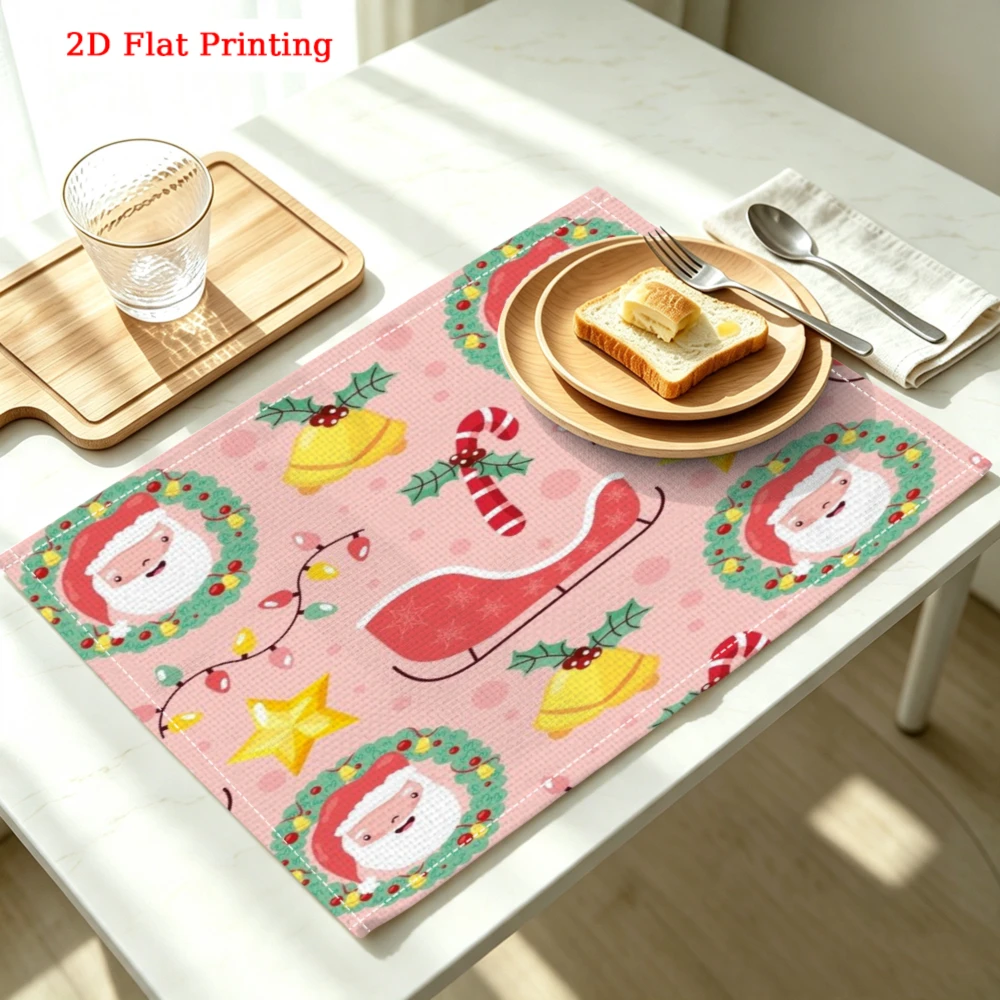 1pc Christmas Style Placemat Pink Santa Claus Sleigh Bell Pattern Table Mat For Kitchen Dining Home Decor Party Use 30x40cm