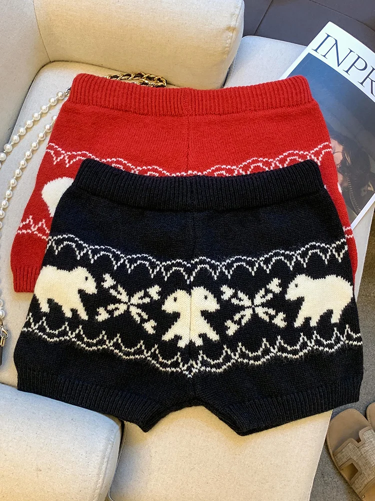 크리스마스 레드 빈티지 니트 반바지 여성 슬림 하이 웨이스트 스위트 프린트 반바지 미국 가을 겨울 여성 레트로 캐주얼 반바지