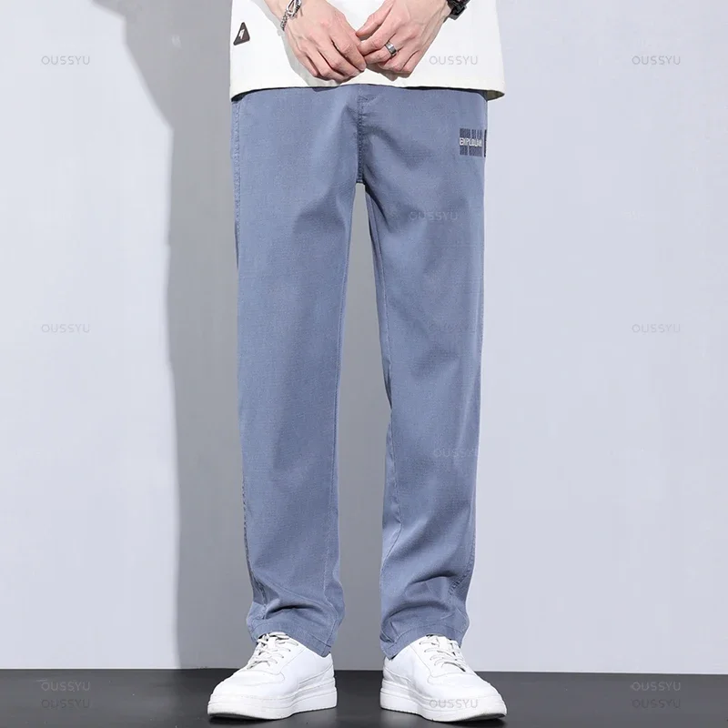 

Brand Clothing New Upgraded Soft Cosy Fabric Pants Men Summer Thin Baggy Straight Elastic Waist Casual Wide Trouser Male S196