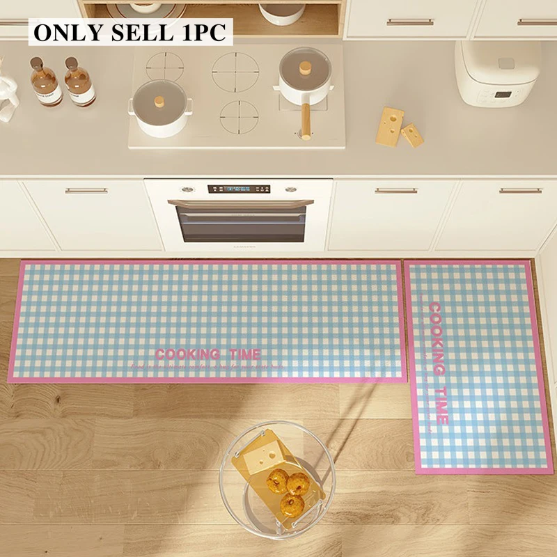 Kitchen Floor Mat Pvc Waterproof Leather Carpet Long Korean Style Striped Checkered Foot Mats Non-slip Oil-proof Home Decor Rug