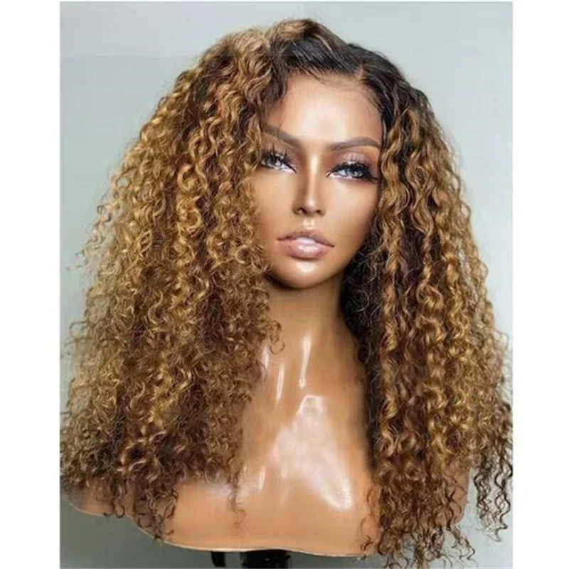 Perruque Lace Front Wig bouclée et crépue, douce et longue, 24 pouces, sans colle, Blonde ombrée, avec cheveux de bébé, pre-plucked, résistant à la chaleur, pour femmes