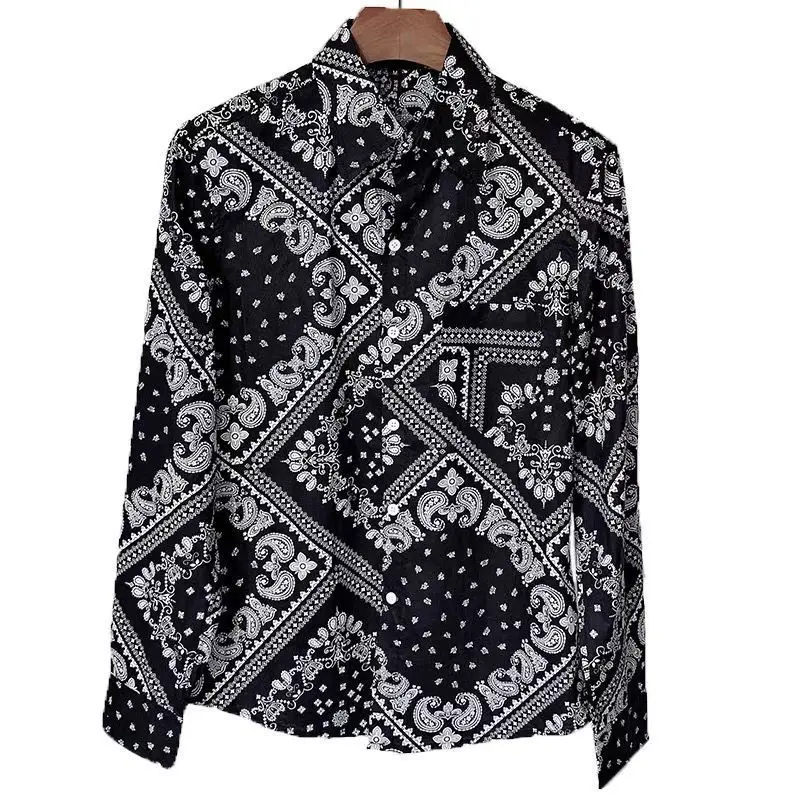 Spring Autumn New Turn-down Collar Fashion Long Sleeve Shirt Man Korean Style Printing Button Patchwork Cardigan Casual Y2K Tops