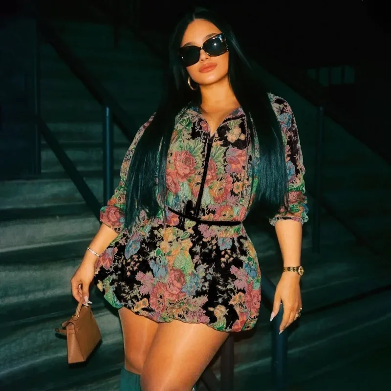 

GUWU модный красочный жаккардовый женский комплект из двух предметов, пальто с капюшоном и длинными рукавами на молнии и мини-платье, уличные одинаковые комплекты