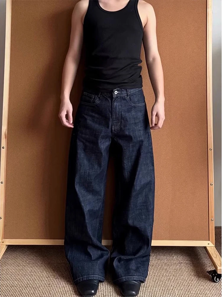 

Мужские джинсы-багги в американском ретро-стиле, широкие прямые брюки с эффектом потертости, оригинальный синий цвет, свободные длинные брюки, молодежные трендовые джинсы