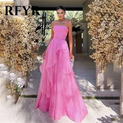 RFYR Pink A-line Evening Dress Corset Strapless Vestidos De Noche Tiered Tulle Prom Dress with Pleat Sleeveless Long Party Dress