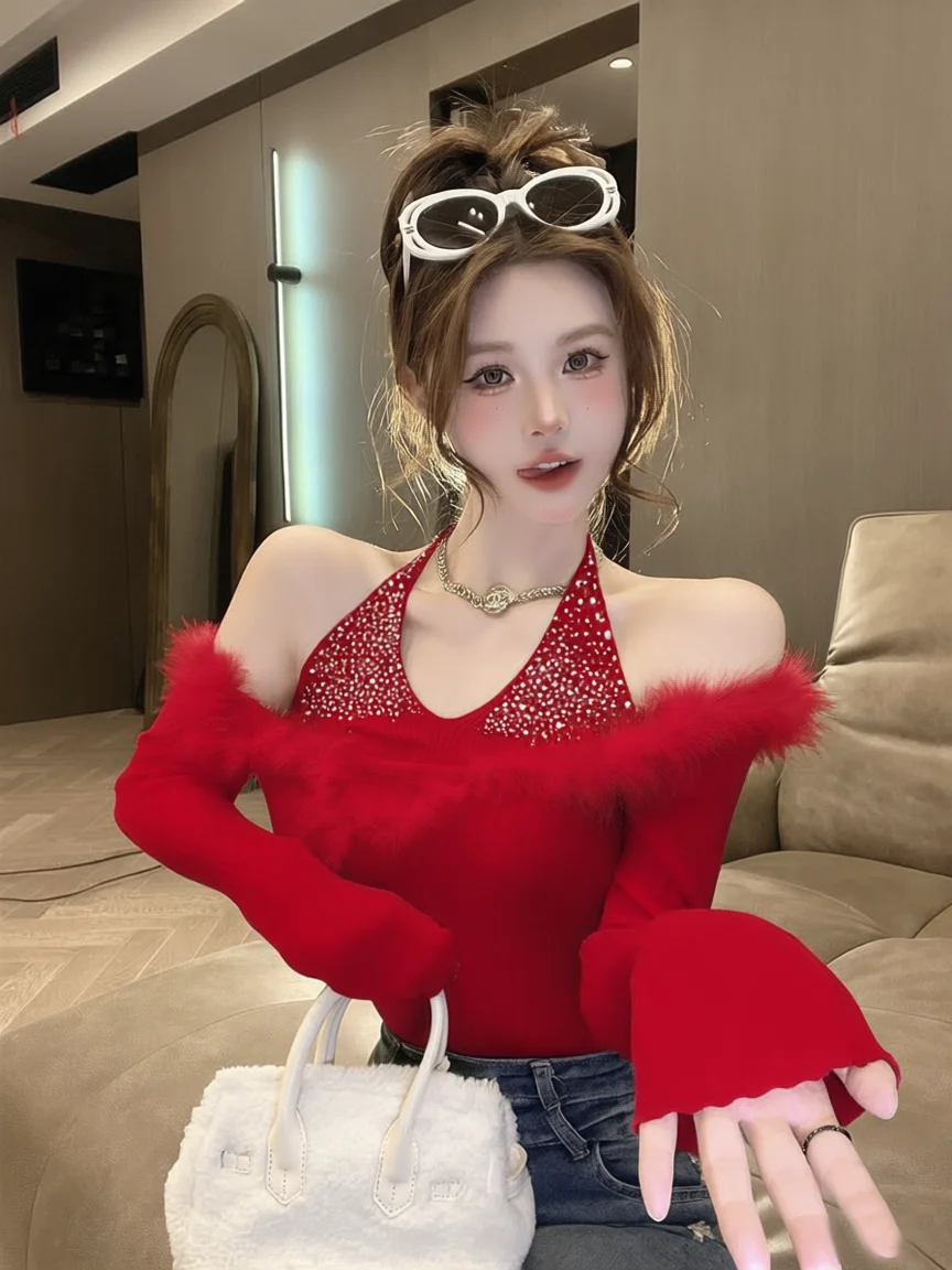 重厚な装飾が施されたニットセーター レディース 春秋冬 おしゃれな肩出しデザイン