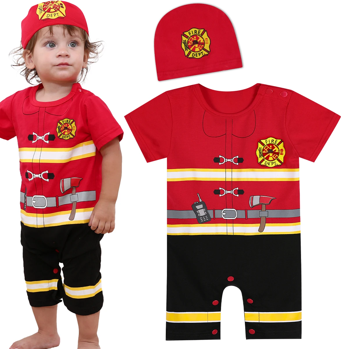 Chłopcy kostium na Halloween niemowlę noworodek strażak Romper z kapeluszem maluch strażak Cosplay kombinezon Ropa Bebe