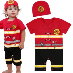 Baby Boys Halloween Costume Infant Newborn Fireman Romper with Hat Toddler Fire Fighter Cosplay Jumpsuit Outfit Ropa Bebe