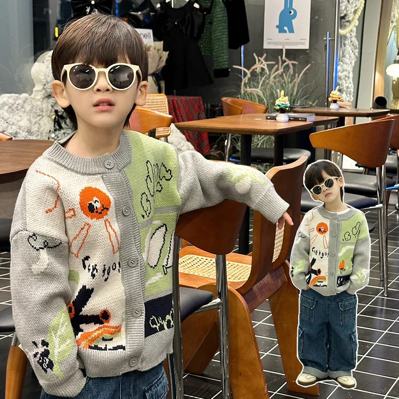 

Kids Cardigan Ages 2-11Y Baby Boy Casual Fashion Spring&Autumn Drawing Knitwear Tween Vintage Outfit Child Korean Style Knitted