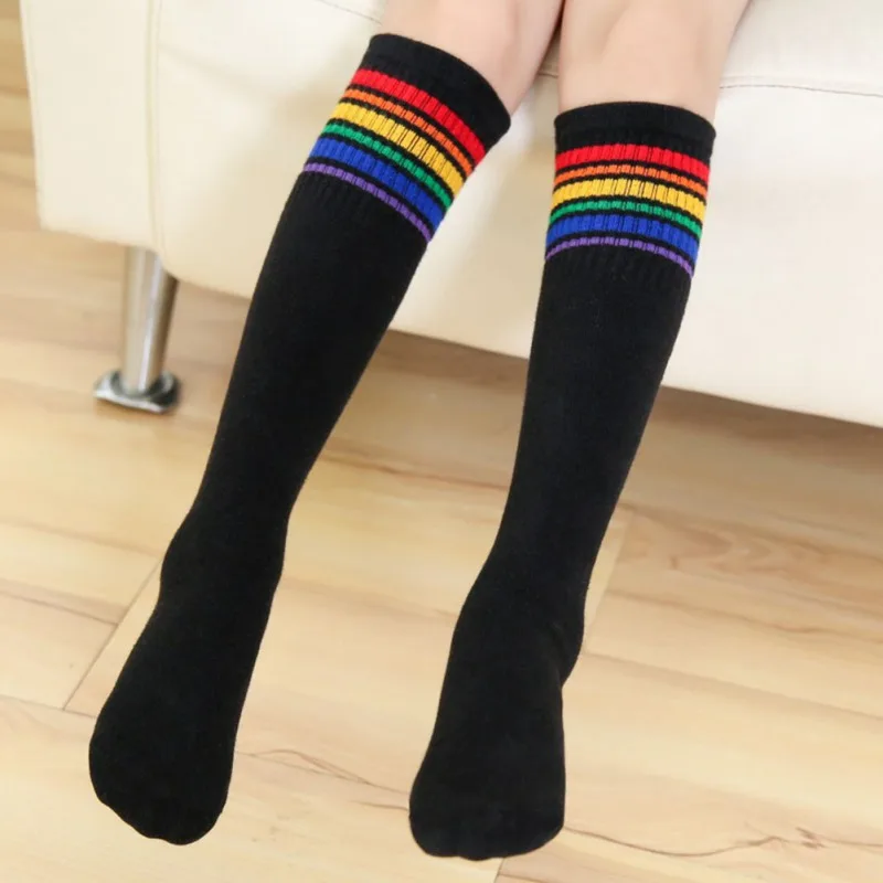 Kids Boys Girls Rainbow Striped Sock Soft Knee High Socks Student Football Sports Socks  Children Long Tube Leg Warm Socks 1-15Y