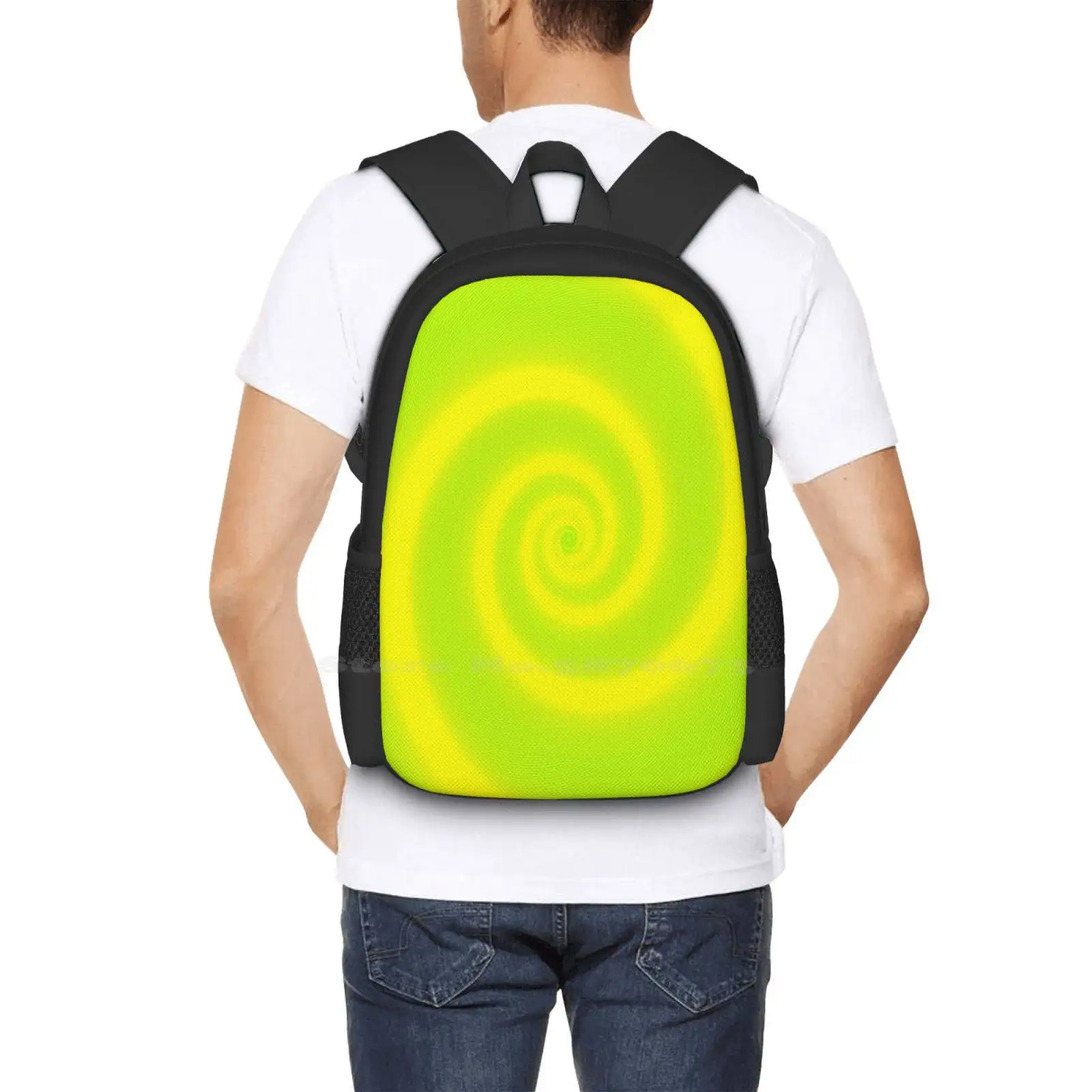 Mochila com bolsa espiral verde faint para homens e mulheres, fundo amarelo, mochila para meninas adolescentes