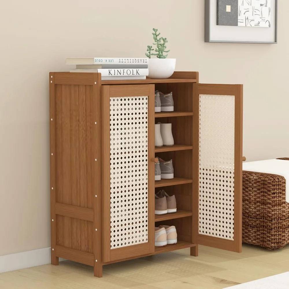 

Large Shoe Storage Organizer Cabinet,Rattan Cabinet with Doors and Shelves,6-Tier Bamboo Shoe Rack for Entryway Hallway
