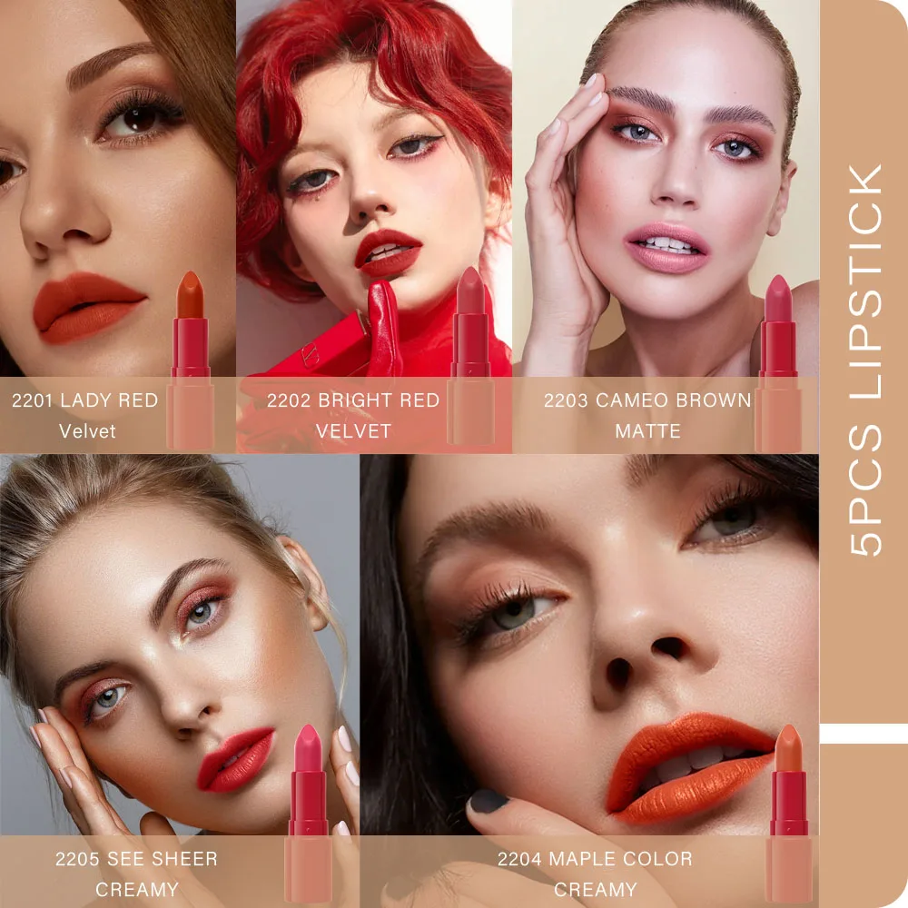 Travel Exclusive Long-lasting Lipstick Set 5 PCS Multi Colored Featuring Full-pigment Lip Color with a Smooth Ultra-matte Finish