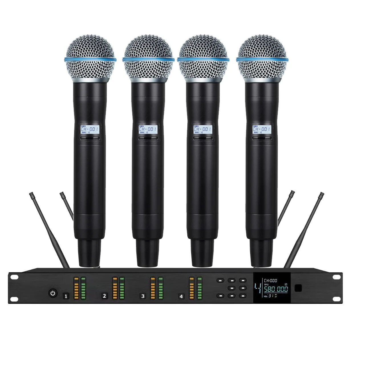 AD4Q 4 Channel Digital Wireless Microphone DJ Karaoke Stage Performance Beta58 Metal Handheld Super Cardioid System 540-590MHz