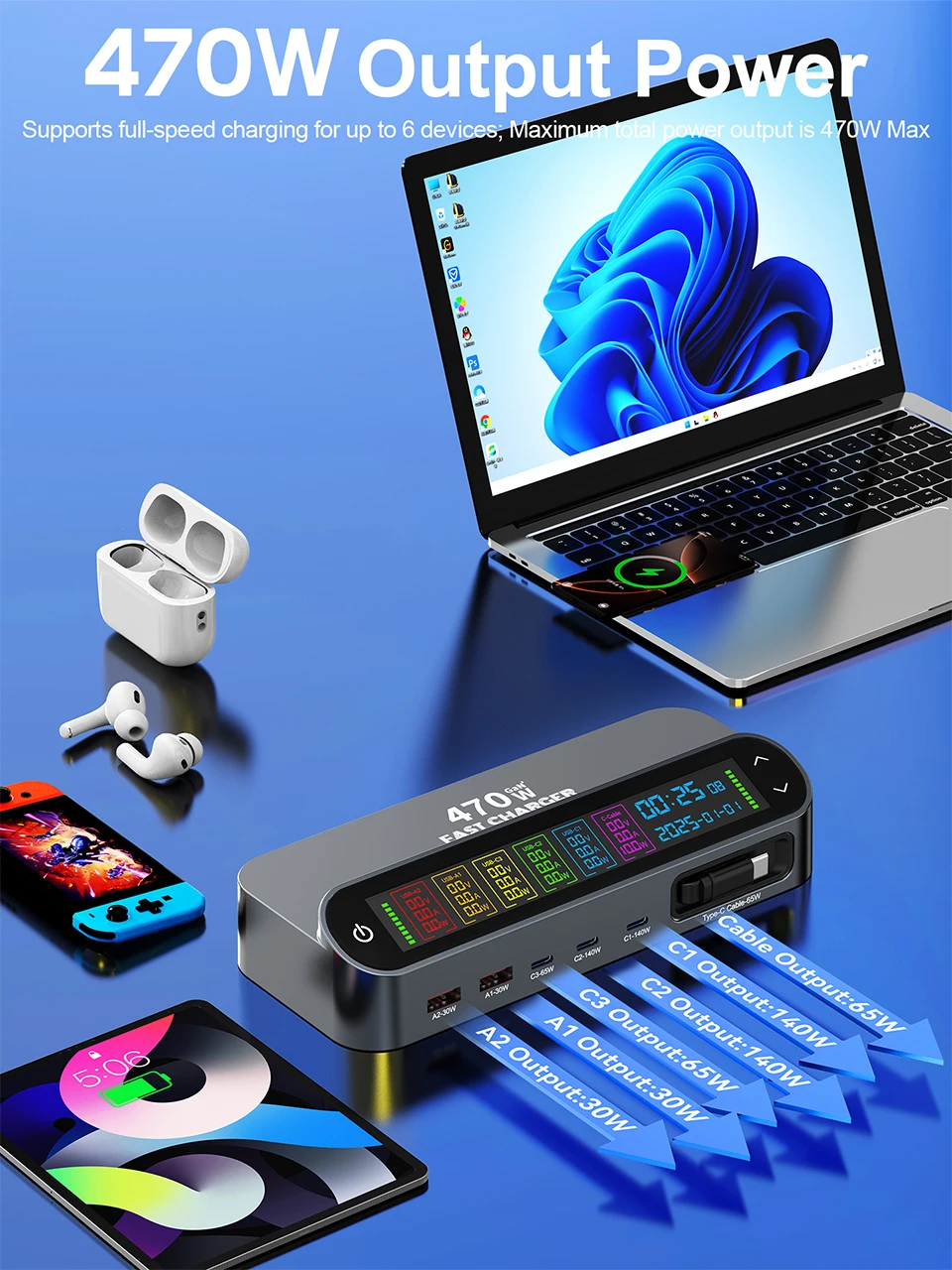 470W GaN Fast Charger 140W PD3.1 PPS USB Type-C Digital Display Desktop Charging Station for iPhone 16/15 MacBook Laptops