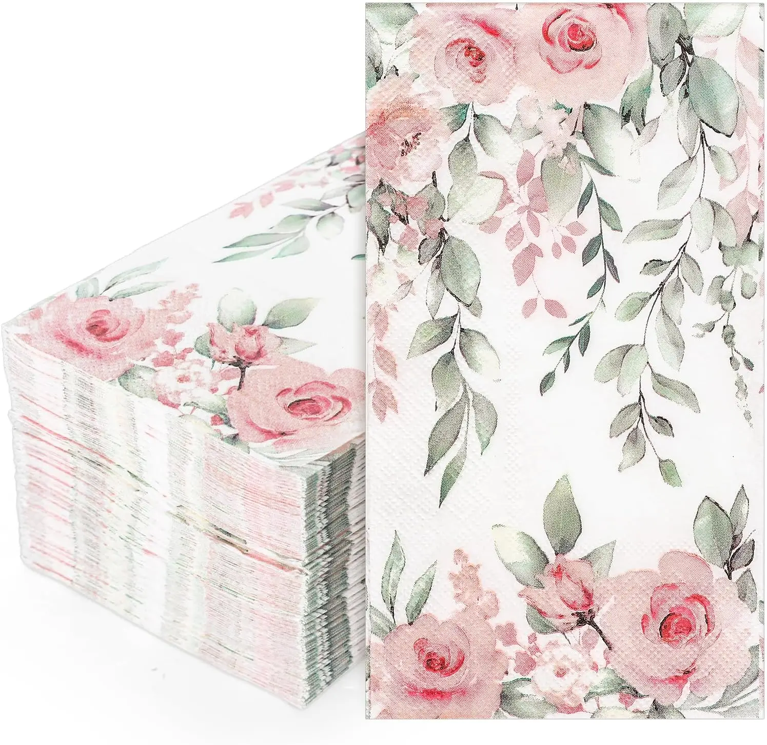 100 Servilletas Florales de Acuarela con Rosas y Eucaliptos para Decoración de Mesa de Bodas y Fiestas