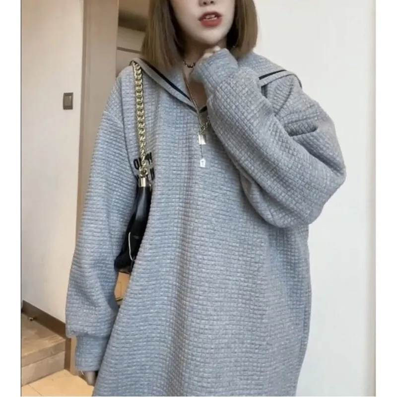 Autumn and Winter Women's Pullover Navy Collar Patchwork Screw Thread Solid Color Fashion Casual Elegant Long Sleeve Hoodies