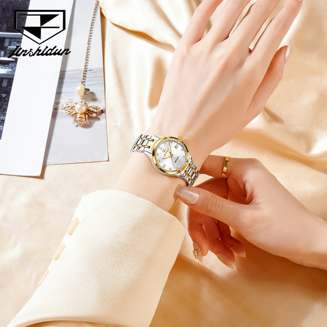 JSDUN 8841 Reloj mecánico de moda regalo esfera redonda correa de reloj de pulsera de acero inoxidable calendario