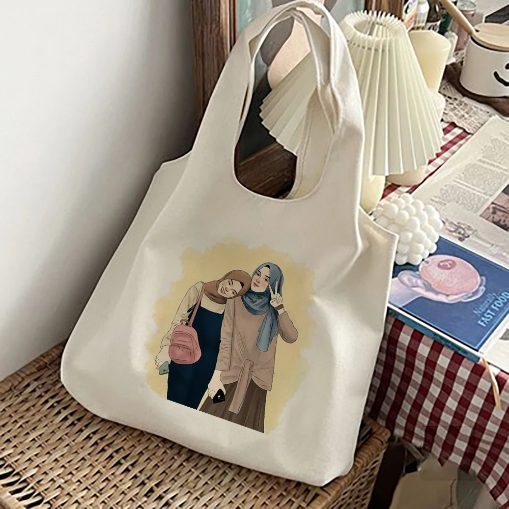 Hijabi Girl Printed Shoulder Bag Muslim Girls Canvas Tote Best Friend Harajuku Handbag Women Shopping Bags Eid Gifts for Friends