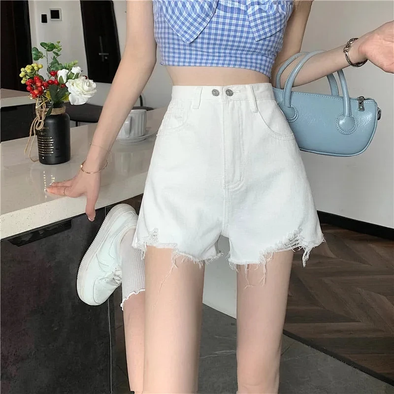 

Broken Burr Edge Denim Shorts for Women 2024 New Summer Slimming Fashion A-Line Loose Hot Pants Summer