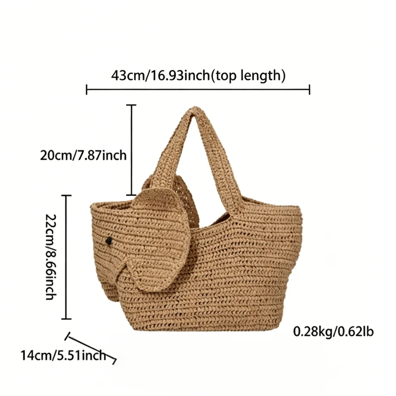 Elefantenförmige Raffia Handgewebte Strohtasche, Damen Schultertasche, Sommer Strand Urlaub Seaside Casual Tragetasche, Leichtgewichtig – Detail 1