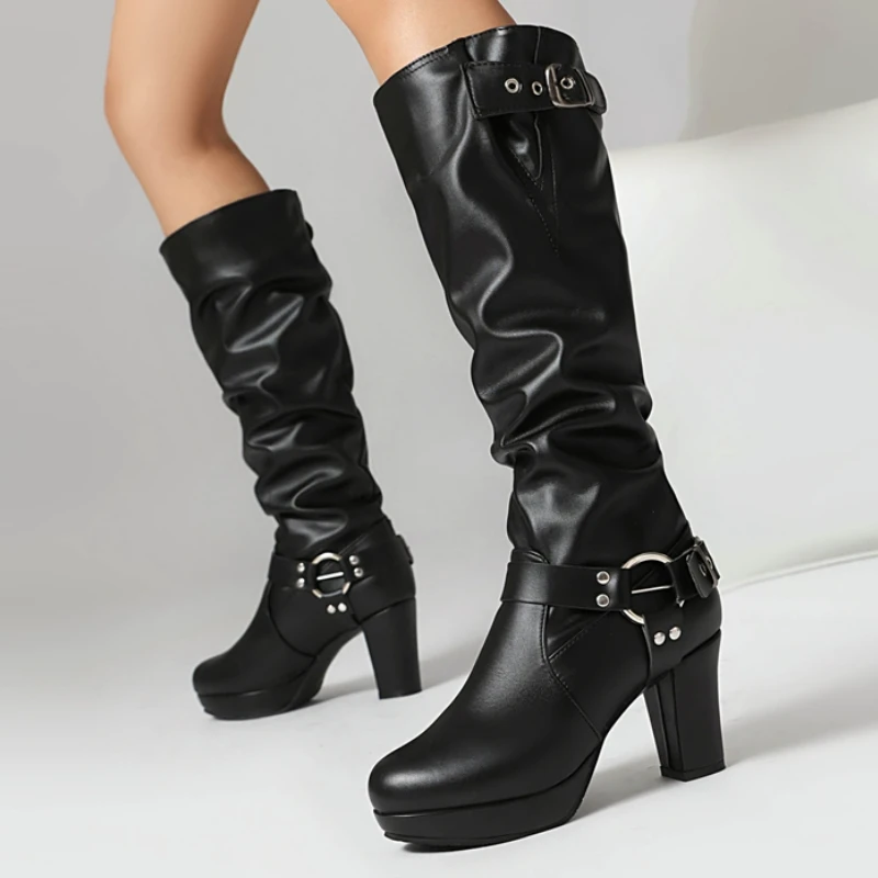 

Pleated Knee High Boots Female Buckle High Boots for Women Autumn Winter Black Pink White Heels Long Shoes Ladies Big Size 45