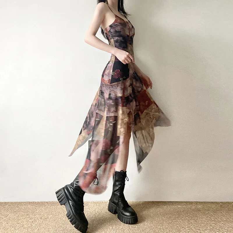 y2k Distressed Floral Print Irregular Long Dress Summer Vacation Party Dresses for women 2024 Vintage 2000s Clothing Lady