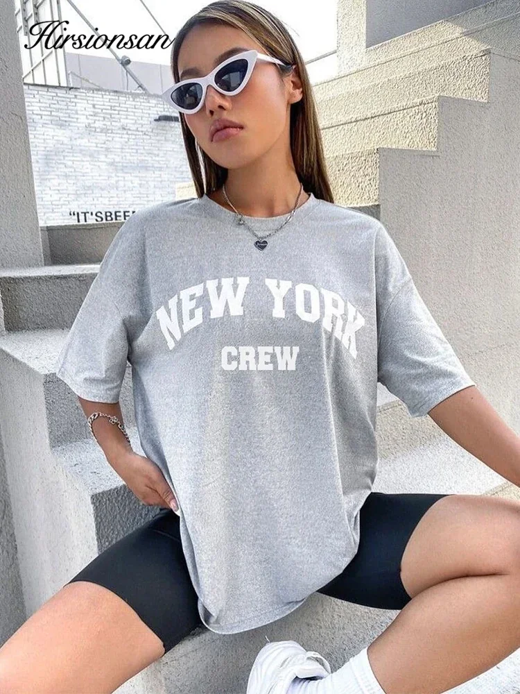 Hirsionsan übergroße Brief Grafik T-Shirt Frauen Sommer weichen O-Ausschnitt Kurzarm T-Shirts weiblich lässig locker hoch Street Top