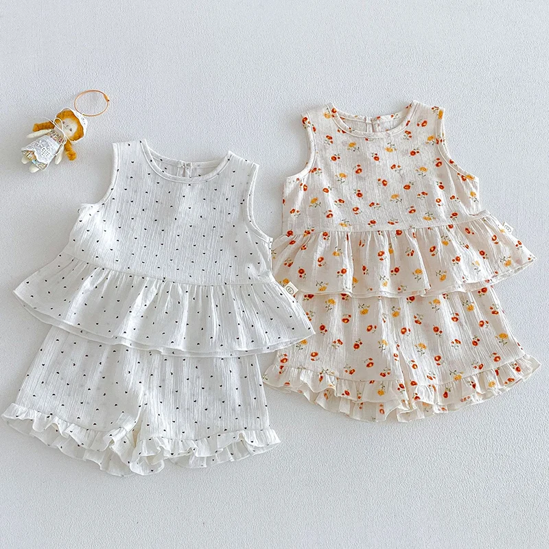 2026 New Summer 0-5Yrs Children Clothes Toddler Baby Girl Clothes Suit Sleeveless cotton printed vest+shorts Kids Clothing Set