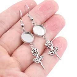 10pcs Stainless Steel Fit 10mm Cabochon Earring Base Setting Trays With Dangle Rose Flower Charms Diy Ear Hooks Findings