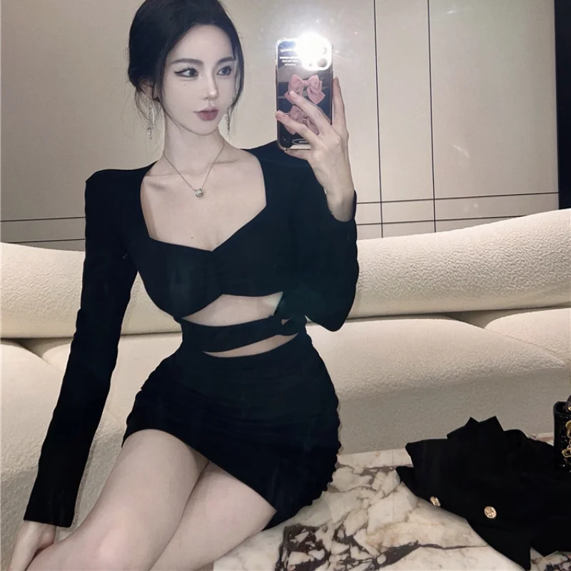 Long Sleeve Black Dress Women Hollow Out Sexy Pure Design Slim Hip Wrap Vestidos Attractive Square Collar Ulzzang Fashion Temper