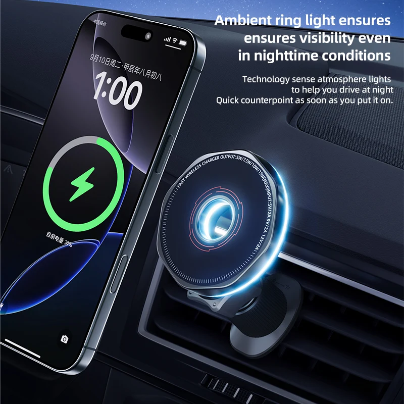 

Светодиодный магнитный беспроводной зарядный держатель для телефона 360° ° Поворотный вентиляционный крючок, кронштейн для мобильного телефона для Magsafe iPhone 16 ~ 12 быстрой зарядки
