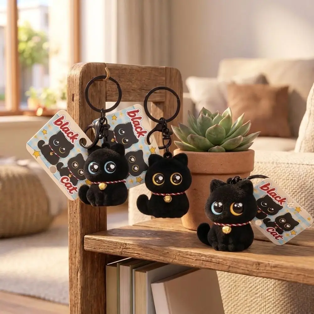 Creative Cartoon Animals Flocking Black Cat Keychain with Bell Collar Cool Cat Doll Bag Charm Small Cat Plush Key Ring Festival