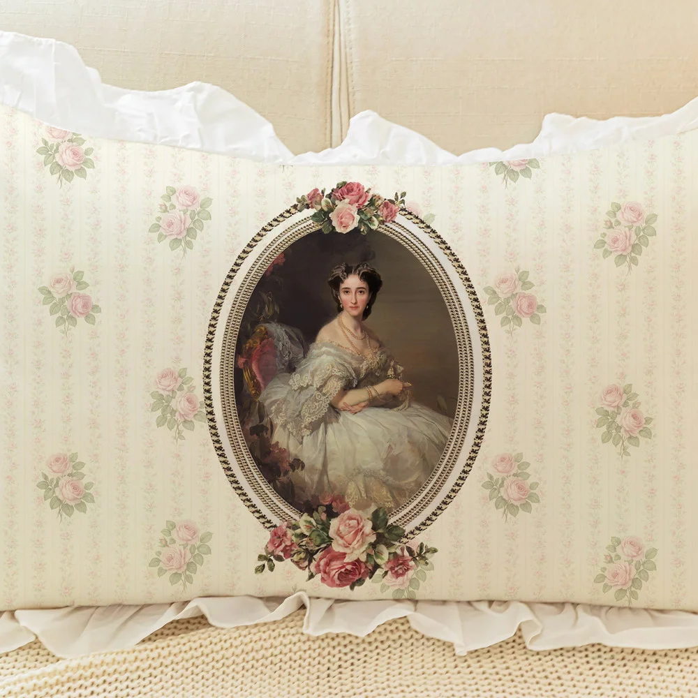 French Retro Style Flower Washed Cotton Pillow Rose Lotus Leaf Lace Sofa Cushion Window Pillowcase Elegant Pattern Decoration