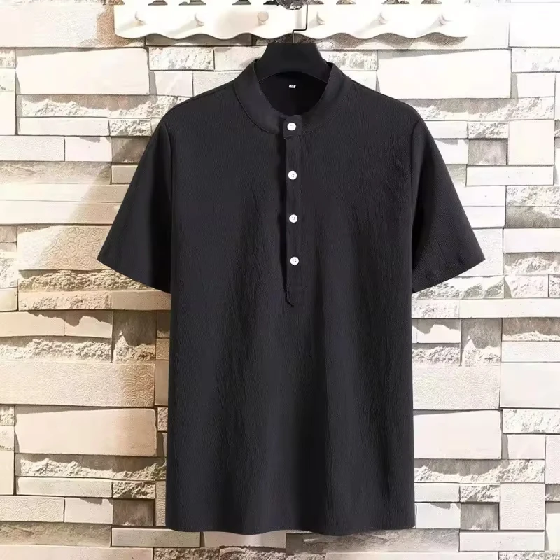 New Large Size Cotton Linen Shirts Men's Summer Short Sleeve Casual Tops Fashion Stand Collar Solid Pullovers Male Blouses
