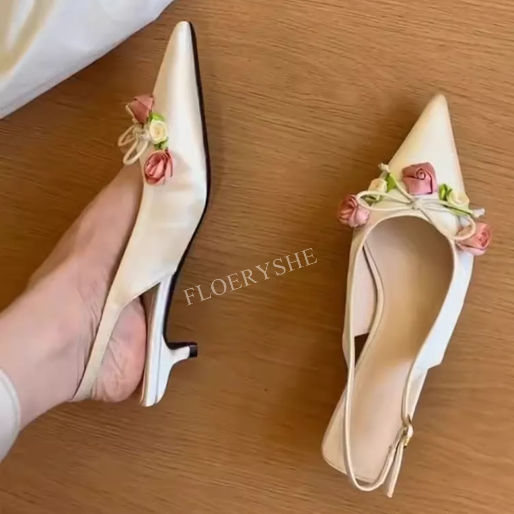 Summer White Flower Satin Stiletto Pumps New Arrival Women Buckle Pointed Toe Low Thin Heel Party Sweet Design Dress Shoes