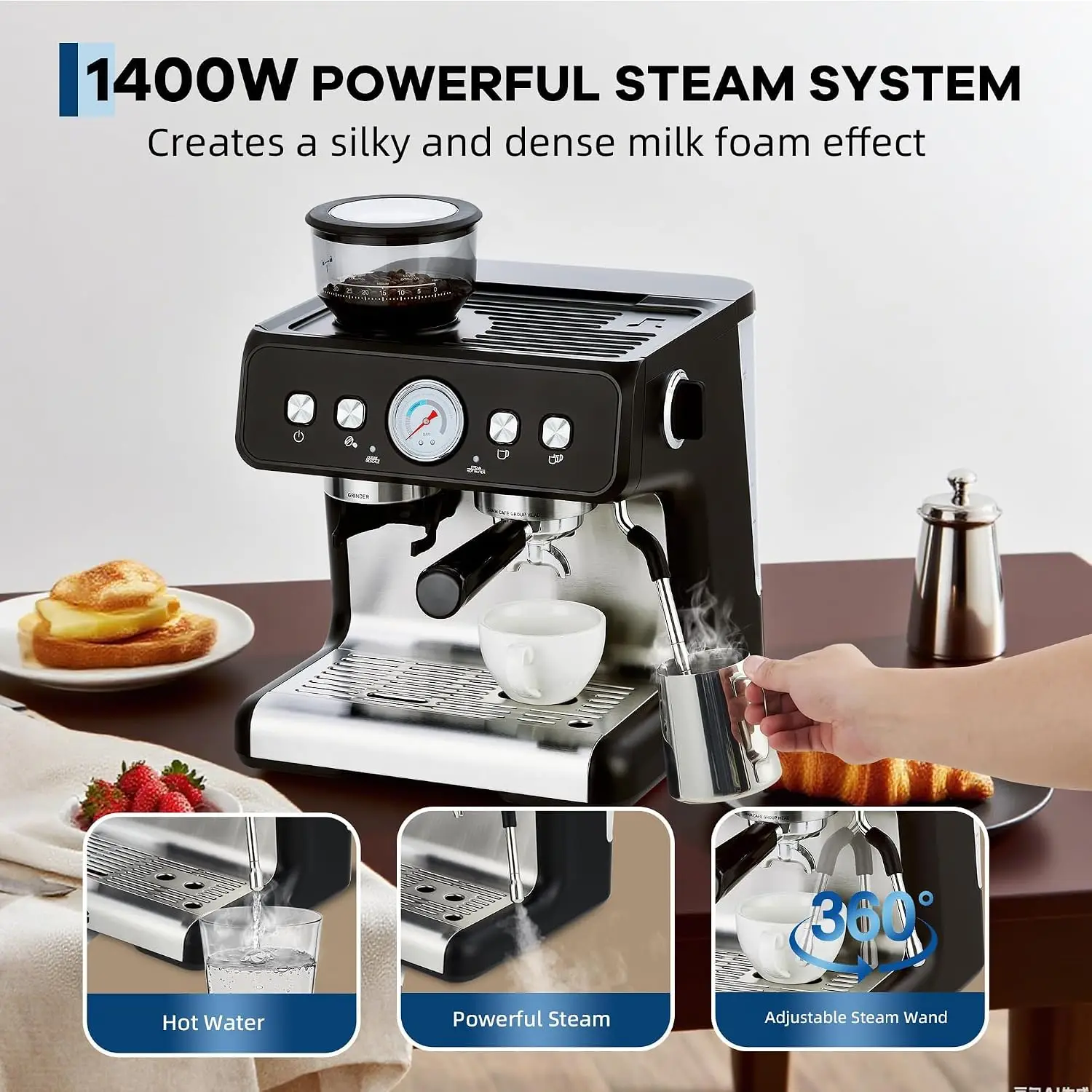Tacleekii 20 Bar Stainless Steel Espresso Machine with Grinder 2.8L Removable Water Tank Frother Steam Wand Adjustable Shot Volume for Home or Office Latte/Cappuccino