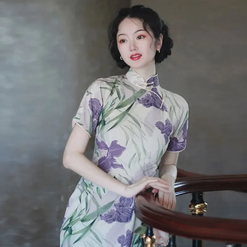 

Summer Vintage Purple Floral Qipao Short Sleeve Dress Cheongsam Chinese Style Dress Modern 2025 Improved Retro Long Dress