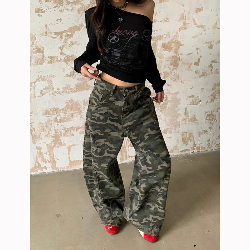 

ZHIZOU Autumn Women Camouflage Cargo Jeans Harajuku Y2k Baggy Denim Trousers Aesthetic Style Pants Vintage 2000s Trashy Clothes