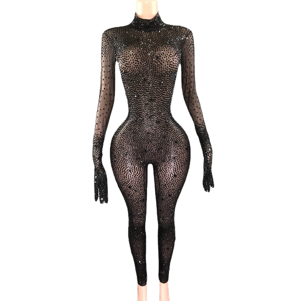 Luxurious Black Rhinestones Jumpsuit Gloves Women Evening Party Birthday Outfit Sexy Mesh Performance Dance Costume Stage Wear