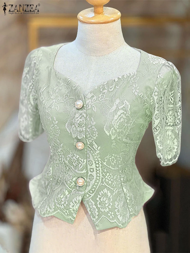 ZANZEA, camisas de encaje para mujer, Tops tipo túnica con cuello cuadrado de verano 2025, blusa elegante de manga corta a la moda para oficina para mujer, Blusas OL con botones