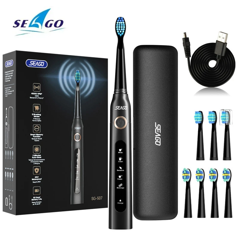 

Seago Smart Sonic Electric Toothbrush SG-507 Rechargeable Adult Teeth Clean Brush 1 Handle 8 Replacement Heads 1 Travel Box Set