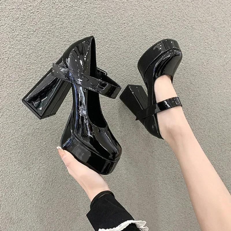 Woman High Heels Shoes 12cm French Mary Jane Shoes Thick Heel 2025 New Waterproof Platform Super Single Shoes Sandalias De Tacón