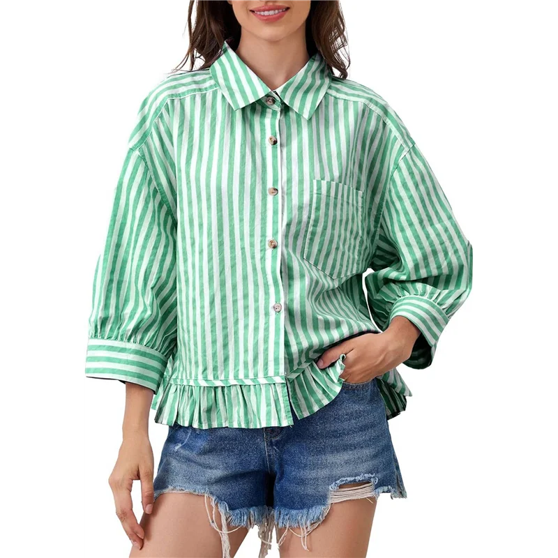 

AOAO-Women 3/4 Length Sleeve Striped Button Down Shirt Loose Fit Drop Shoulder Trendy Ruffle Hem Striped Blouses Top