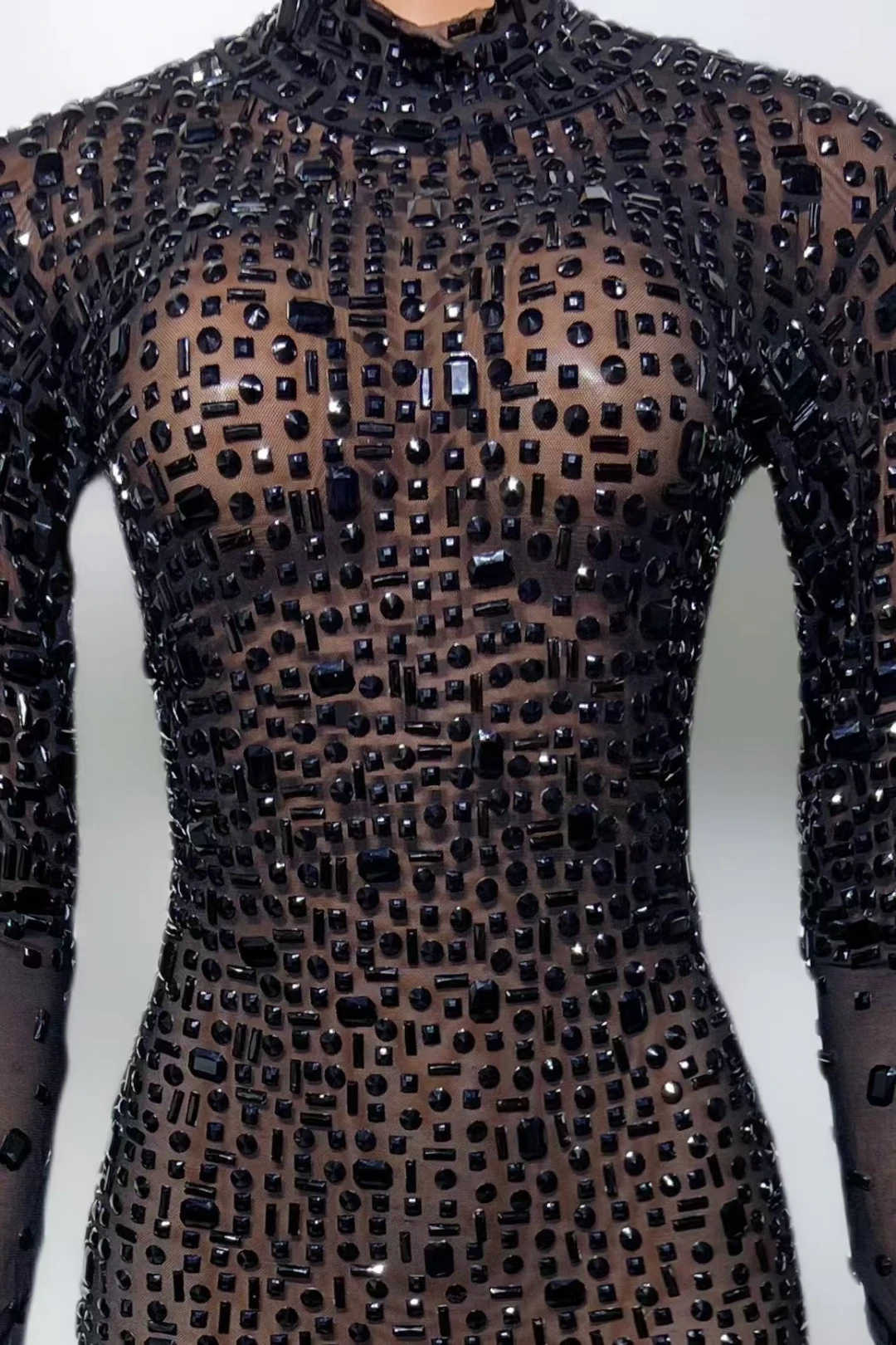 Kostum Panggung Seksi Pakaian Bermain Berlian Imitasi Penuh Jumpsuit Lengan Panjang Pakaian Peragaan Busana Malam Bodysuit Pemotretan Wanita Gesebei